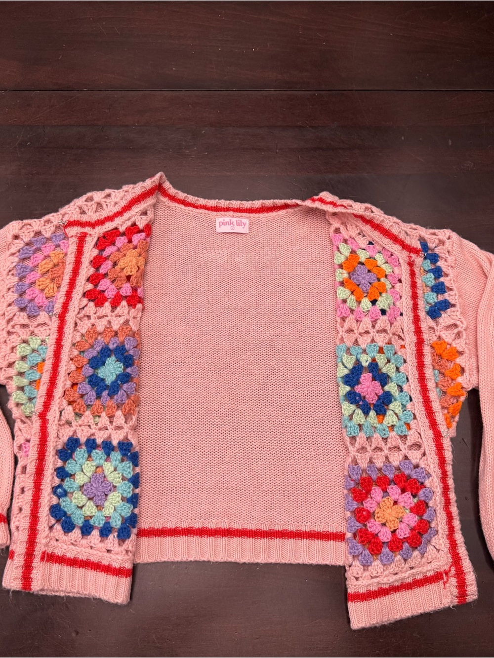 Pink Lily Pastel Pink Crochet Patchwork Cardigan - Picture 7 of 17